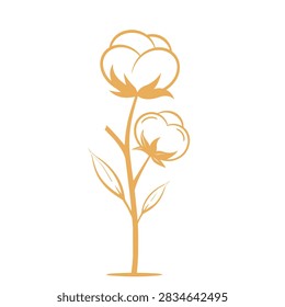 A simple orange line art drawing of a cotton plant featuring two fluffy bolls and leaves on a single stem isolated on white background.