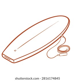 A simple orange line art illustration of a surfboard featuring an attached safety leash on a white background