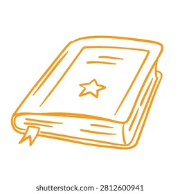 A simple orange line art sketch of a closed book with a bookmark and a star symbol on the front cover against a white background