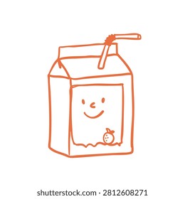 A simple orange line art sketch of a juice carton with a straw and a friendly cartoon face on the front.