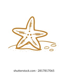 A simple orange line art sketch of a starfish resting on a sandy beach