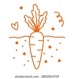 Simple orange line drawing of a carrot with leafy greens and playful scattered elements. Doodle