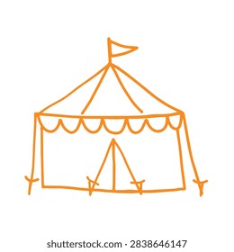 A simple orange line drawing of a circus tent with a flag on top against a white background