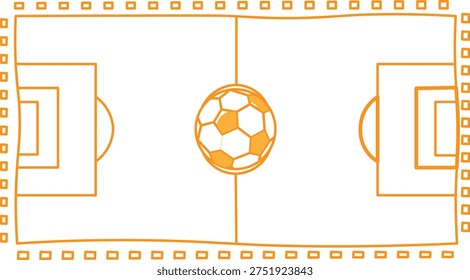 Simple orange line drawing depicts a soccer field with a central ball ready for a game kickoff illustration.