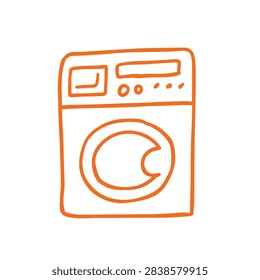 A simple orange line drawing of a front loading washing machine on a white background