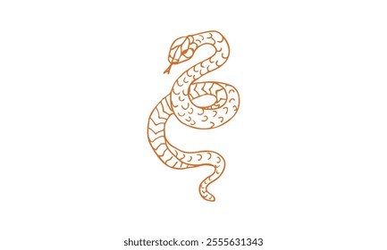 Simple orange line illustration of a coiled snake with intricate patterns, drawn in a modern minimalist artistic style.