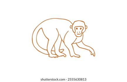 Simple orange line illustration of a monkey in a crouching position, drawn in a minimalist and modern art style.