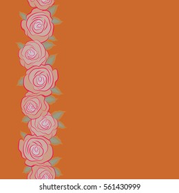 Simple orange, magenta and neutral vector vertical roses seamless pattern with copy space (place for your text).