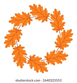 Simple orange oak leaf circle frame. Cute wreath border of autumn leaves. Hello fall. Vector seasonal illustration. Template for poster, postcard.