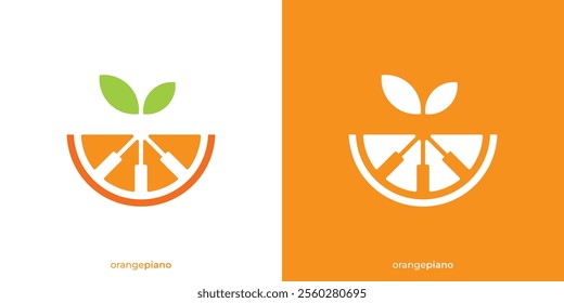 Simple Orange Piano Logo. Abstract Orange Fruit and Piano Keyboard Icon Graphic. Fruit Music Logo Design Template.