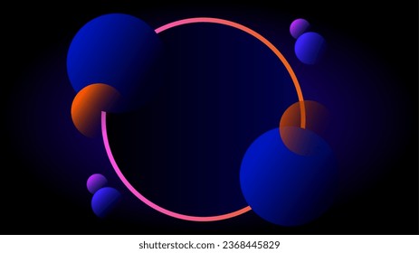 Simple orange pink gradient of circle frame outline with spheres over dark blue background.