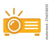 Simple orange projector icon with light beams on a clean white background, symbolizing presentation and technology