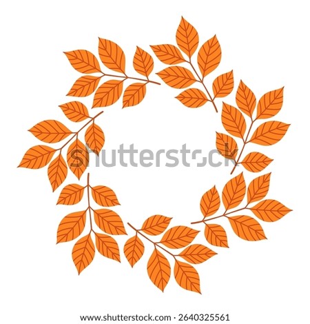 Simple orange red ash branch circle frame. Cute wreath border of autumn leaves. Hello fall. Vector seasonal illustration. Template for poster, postcard.