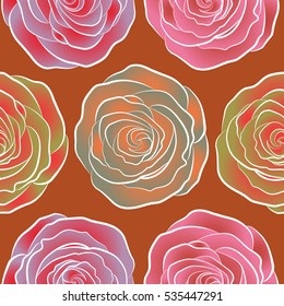 Simple orange, red and pink vector roses seamless pattern.