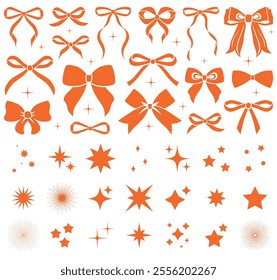 Simple orange ribbon bow collection. Bowknot, bowtie. Retro sparkle icons set. Star shapes, sparkles. Set of star shapes. Abstract simple shine effect sign vector design. Templates for design, posters