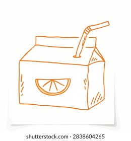 A simple orange sketch of a rectangular juice box featuring a straw and a citrus slice graphic on the front on a white background