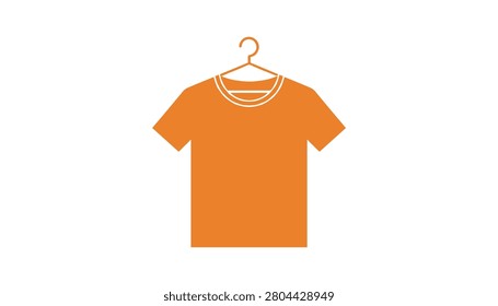 Simple orange t-shirt hanging on a clothing hanger isolated on a white background representing retail fashion and casual apparel design concept.