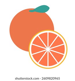 Simple Orange Vector Illustration with a Slice and Leaf