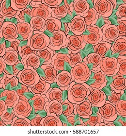 Simple orange vector roses and green leaves seamless pattern.