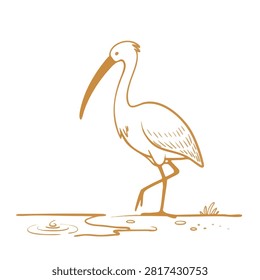 A simple orange and white line art illustration of an ibis bird standing on one leg in a marshy environment