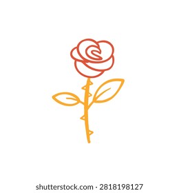 A simple orange and yellow gradient line drawing of a blooming rose flower with a thorny stem and two leaves on a plain white background.