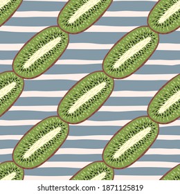 Simple organic seamless pattern with green kiwi elements. Pink and purple pastel striped background. Designed for fabric design, textile print, wrapping, cover. Vector illustration.