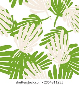 Forma orgánica simple sin costura. Fondo de hojas tropicales. Papel pintado de decoración inspirado en Matisse. Fondo floral. Diseño para tela, impresión textil, superficie, envoltura, cubierta.