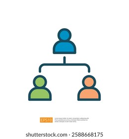 simple organizational chart featuring one person at the top and two individuals below, illustrating a hierarchical structure. Flat line style icon