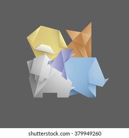 Simple origami symbol and icons of Animals.Template for design poster,book,invitation.Origami paper toys.Realistic icon of animals.Origami animals design.Vector illustration.Isolated on black.Eps 10