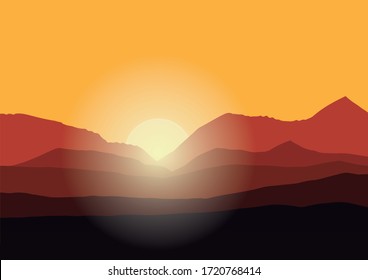 Simple and Original Landscape with mountains at sunset. Vector Illustration.