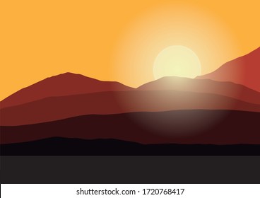 Simple and Original Landscape with mountains at sunset. Vector Illustration.