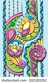 simple original linear decorative colored vector pattern with flowers circles and lines