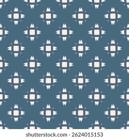 Ornement simple avec formes géométriques abstraites, grille, silhouettes de fleurs cubiques. Motif harmonieux d'Images vectorielles bleues et beiges. Texture d'arrière-plan minimaliste élégante. Design moderne répété pour le textile, décoration