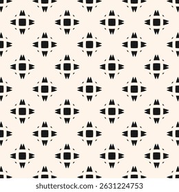 Ornement simple avec formes géométriques abstraites, grille, silhouettes de fleurs cubiques. Motif harmonieux d'Image vectorielle en noir et blanc. Texture d'arrière-plan monochrome élégant. Design moderne de géo décoratif répété
