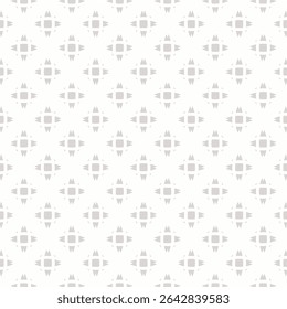 Simple ornament with abstract geometric shapes, small flower silhouettes, stars. Subtle gray and white vector seamless pattern. Stylish minimal background texture. Modern repeated geo design for decor