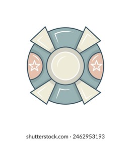 a simple ornament with a circle and two stars on either side. solid color style.
