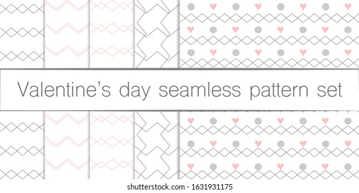 Simple ornament vector seamless patterns set. Use for ceramic tiles, wallpaper, linoleum, textiles, wrapping paper, web page, kids, postcard. Background with hearts.Valentine day, love symbol 