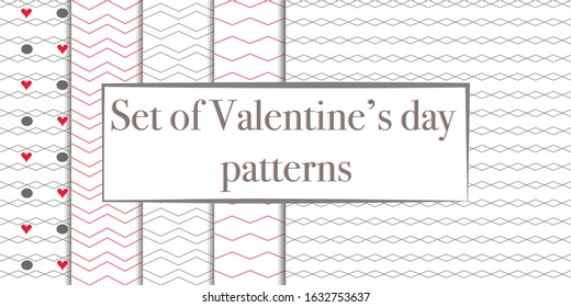 Simple ornament vector seamless patterns set. Background with hearts.Valentine day, love symbol 
