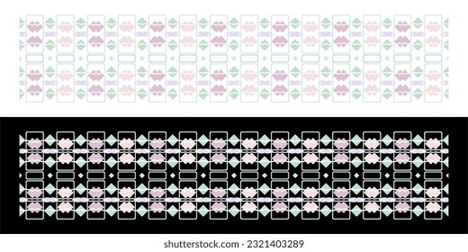 Simple ornamental borders, rhombus patterns and soft square outlines in pastel colors.