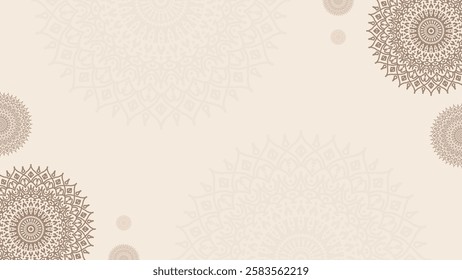 Simple Ornamental Circular Mandala Art in Soft Beige and Brown Horizontal Background
