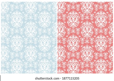 Simple Ornamental Seamless Vector Patterns Set. White and Yellow Abstract Floral Ornament Isolated on a Pastel Blue and Pale Red Background. Decorative Print ideal for Fabric, Textile.