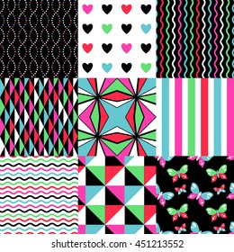 Simple ornaments at the style of pop. Set of  abstract seamless patterns for textile and design
