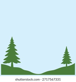 Ilustración al aire libre simple con pinos verdes en colinas onduladas contra un cielo azul claro. Un fondo de naturaleza pacífica que representa el bosque, las montañas y la naturaleza salvaje.