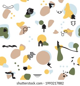 Simple outdoor vector illustration with a silhouette of a tent, tree, log cabin, raft, leaf, water, waterfall, flag, deer antlers, bear, stars, sun rays, mountain and a bicycle. Seamless pattern.