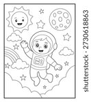 Simple Outer Space Adventure Coloring Sheet for Kids. Friendly Astronaut Character Illustration for Preschool Activity Sheet.