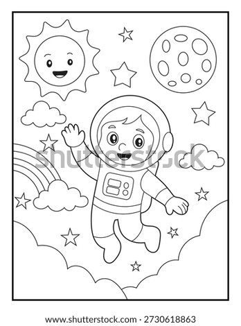 Simple Outer Space Adventure Coloring Sheet for Kids. Friendly Astronaut Character Illustration for Preschool Activity Sheet.