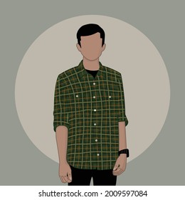 simple outfit illustration. Asian man in a plaid flannel shirt and black jeans and a black sports watch. casual youth fashion