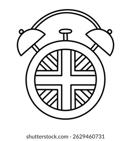 Simple outline alarm clock with England flag on dial. Time to learn English illustration concept. Childish hand drawn doodle for studying foreign UK and USA language at university, school, courses.