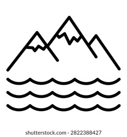 Simple outline alpine mountain peaks meeting ocean sea waves natural coast environment graphic icon vector landscape illustration