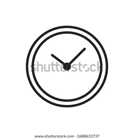 Simple Outline Analog Clock Icon Showing Hour and Minute Hands: Vector Symbol for Time, Schedule, Deadline, Punctuality, and Time Management Concepts.
